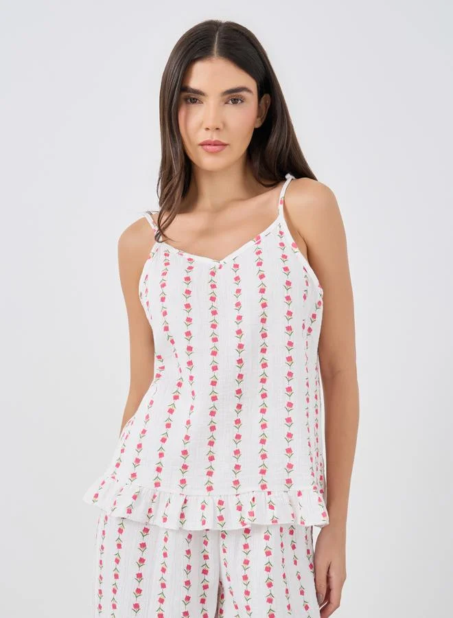 Styli Styli Linear Floral Cotton Gauze Ruffle Hem Cami and Pyjama Set