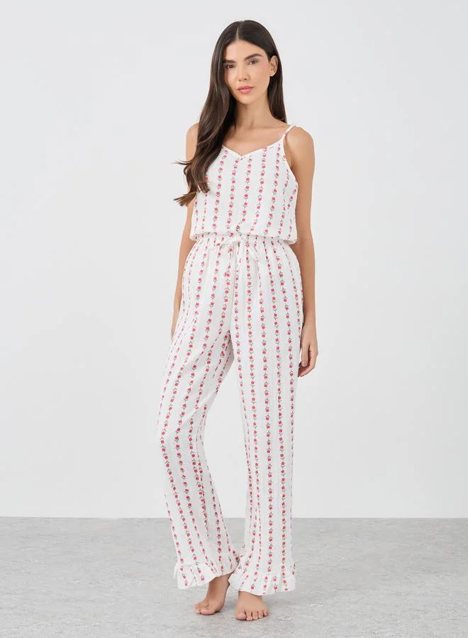 Styli Styli Linear Floral Cotton Gauze Ruffle Hem Cami and Pyjama Set