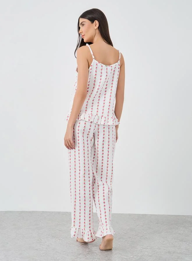 Styli Styli Linear Floral Cotton Gauze Ruffle Hem Cami and Pyjama Set
