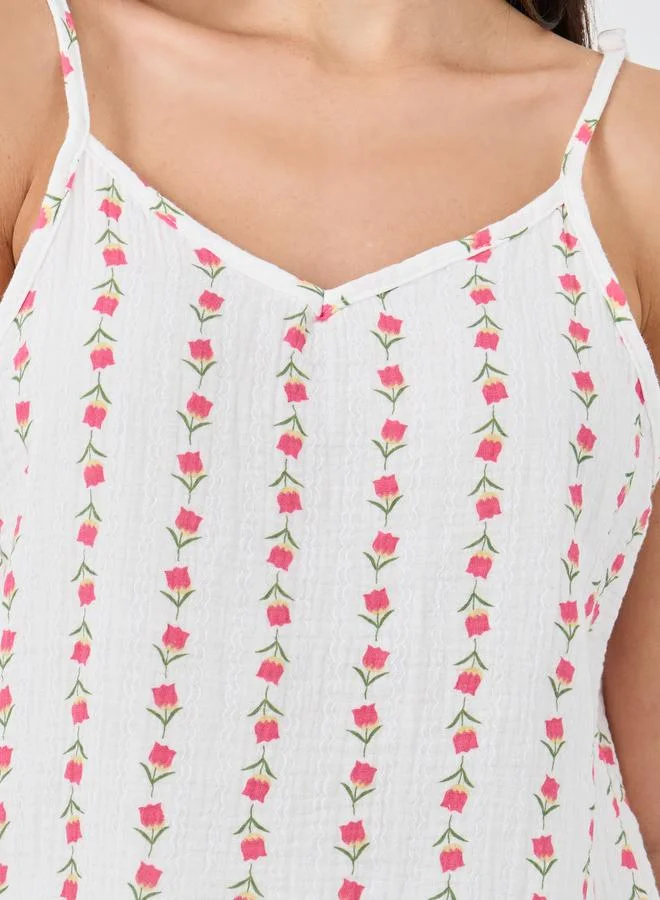 Styli Styli Linear Floral Cotton Gauze Ruffle Hem Cami and Pyjama Set