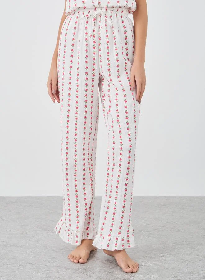 Styli Styli Linear Floral Cotton Gauze Ruffle Hem Cami and Pyjama Set