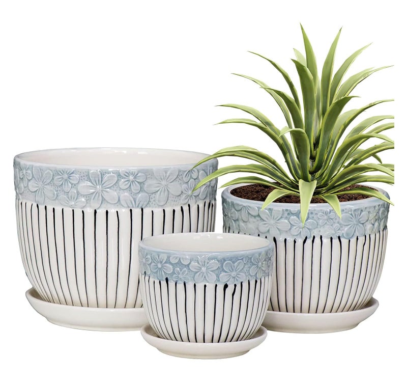 GardenZeek Set of 3 Ceramic Flower Pots with Saucer, Textured Planter for Indoor Plants, Cute Garden Pots Succulent Pots - Image 1