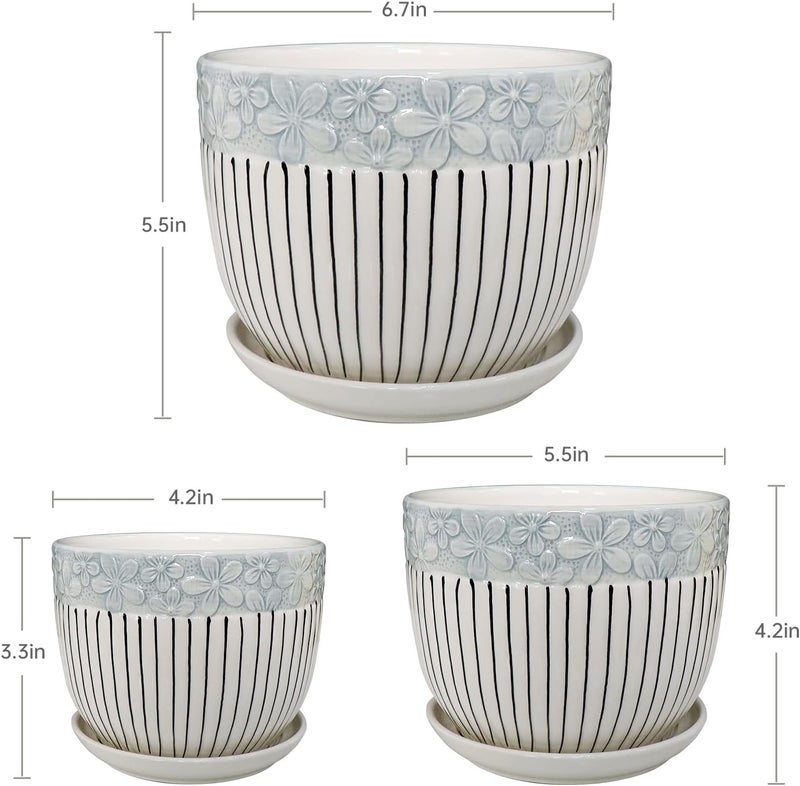 GardenZeek Set of 3 Ceramic Flower Pots with Saucer, Textured Planter for Indoor Plants, Cute Garden Pots Succulent Pots - Image 3