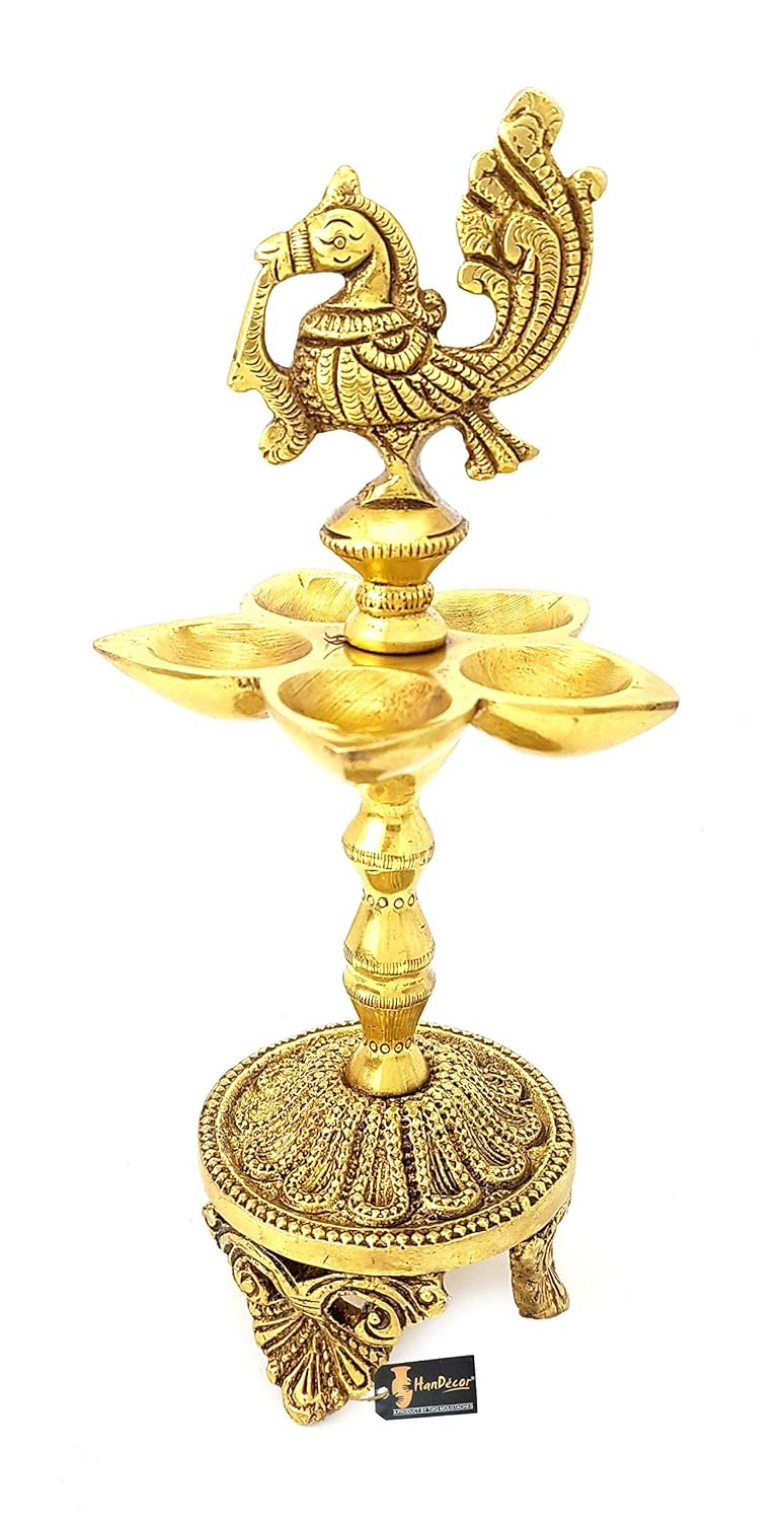 Two Moustaches 85 Inches Peacock Over Ethnic Carved Legs Five Oil Wick Brass Diya Brass Diya for Puja Diyas for Return Gifts Housewarming Fifts Diwali Diya Decoration Standard Pack of 1 - Image 2