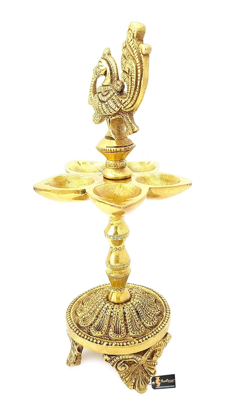 Two Moustaches 85 Inches Peacock Over Ethnic Carved Legs Five Oil Wick Brass Diya Brass Diya for Puja Diyas for Return Gifts Housewarming Fifts Diwali Diya Decoration Standard Pack of 1 - Image 4