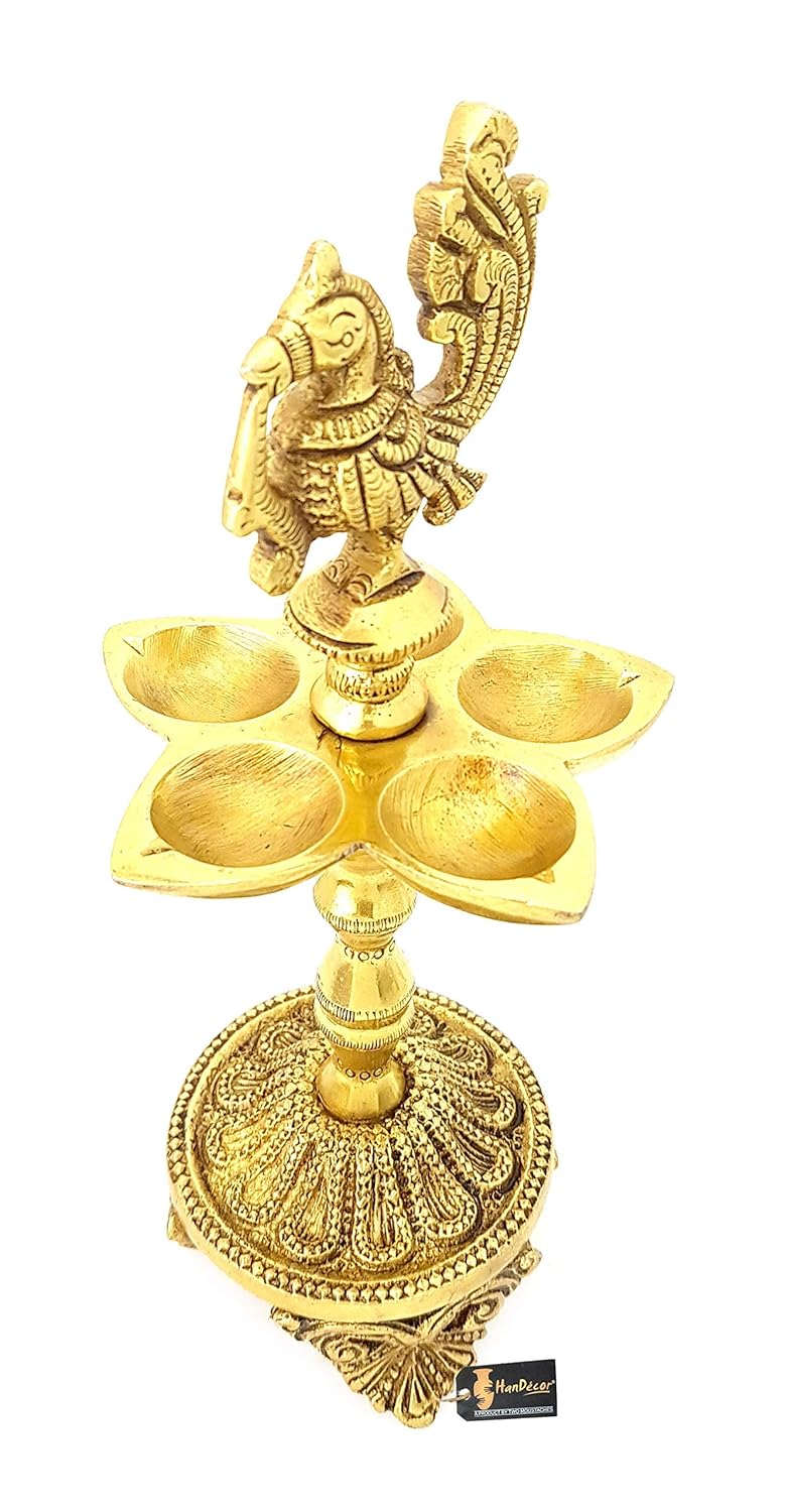 Two Moustaches 85 Inches Peacock Over Ethnic Carved Legs Five Oil Wick Brass Diya Brass Diya for Puja Diyas for Return Gifts Housewarming Fifts Diwali Diya Decoration Standard Pack of 1 - Image 3