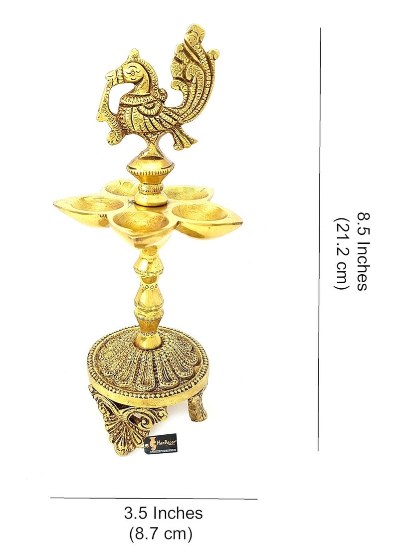 Two Moustaches 85 Inches Peacock Over Ethnic Carved Legs Five Oil Wick Brass Diya Brass Diya for Puja Diyas for Return Gifts Housewarming Fifts Diwali Diya Decoration Standard Pack of 1 - Image 5