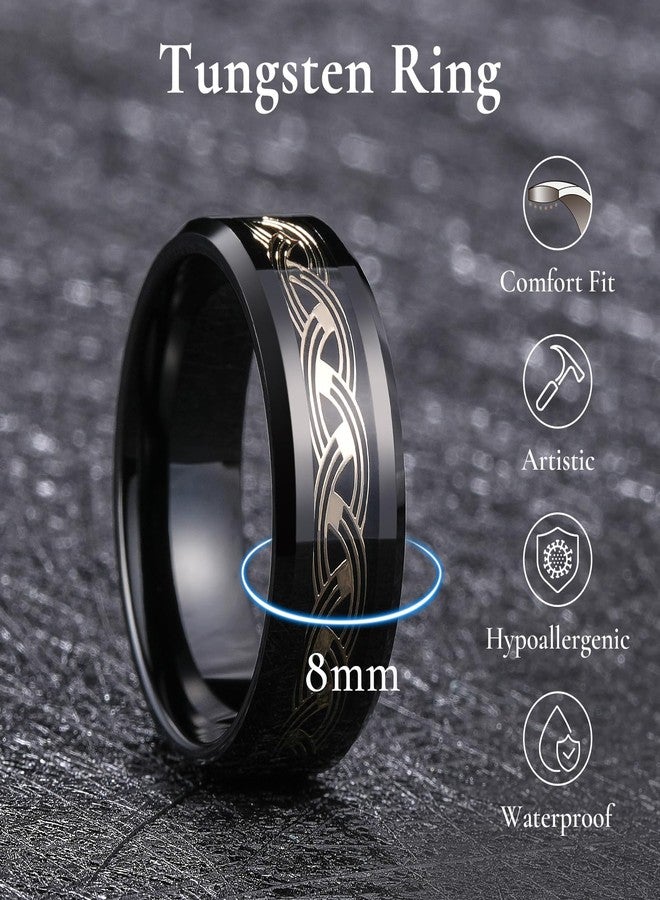 King Will خواتم كينغ ويل للرجال باللون الأسود 8 مم حافة مائلة مصقولة من التنجستن مطلية بالذهب مع إدخال ثلاثي الخطوط المنسوجة لخاتم الزفاف مريح، مقاس 13 - Image 2