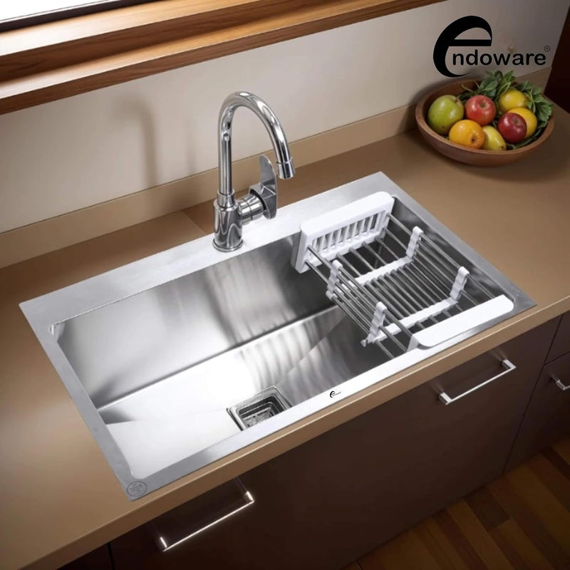 Endoware Endoware Handmade Single Bowl Kitchen Sink with Tap Hole 304Grade 32 x 20 x 10 Inches Premium Stainless Steel Design - Image 2