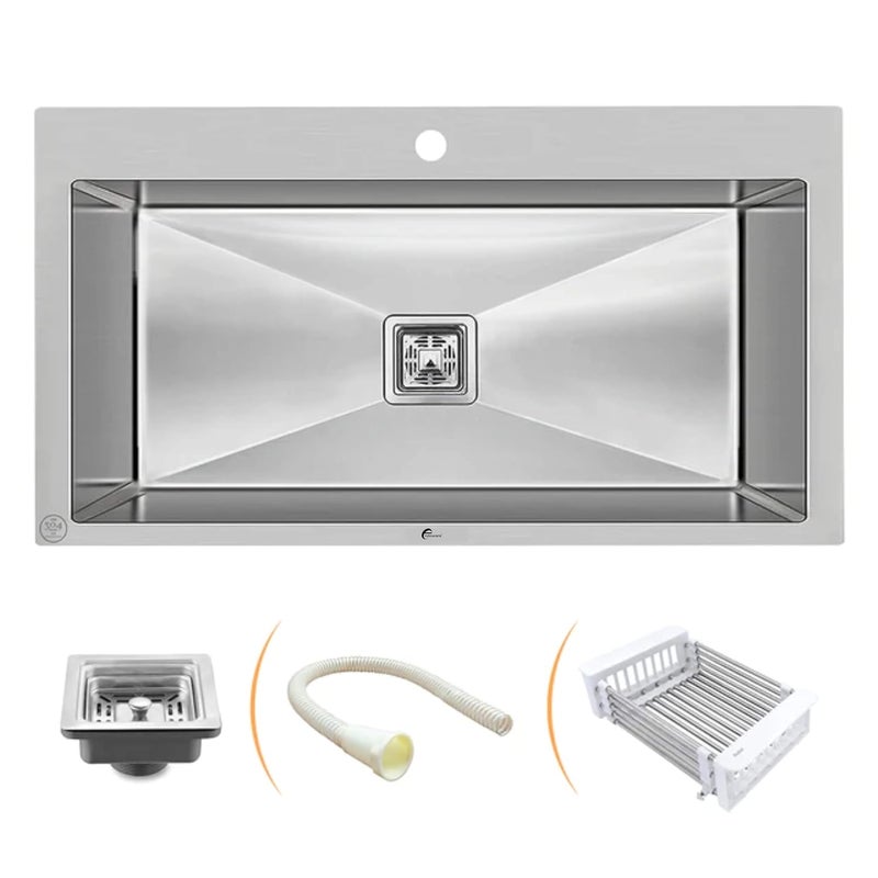 Endoware Endoware Handmade Single Bowl Kitchen Sink with Tap Hole 304Grade 32 x 20 x 10 Inches Premium Stainless Steel Design - Image 1