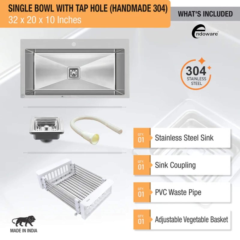 Endoware Endoware Handmade Single Bowl Kitchen Sink with Tap Hole 304Grade 32 x 20 x 10 Inches Premium Stainless Steel Design - Image 3
