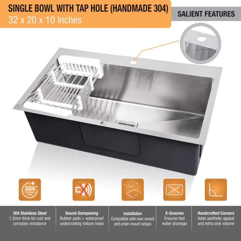 Endoware Endoware Handmade Single Bowl Kitchen Sink with Tap Hole 304Grade 32 x 20 x 10 Inches Premium Stainless Steel Design - Image 4