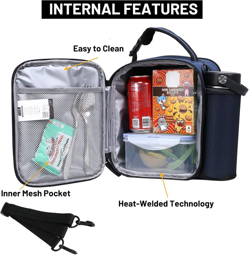 MIER Expandable Lunch Bag Insulated Lunch Box for Men to Work Travel Portable Lunchbox Bags with Shoulder Strap and Water Bottle Holder(Navy/Grey) - Image 2
