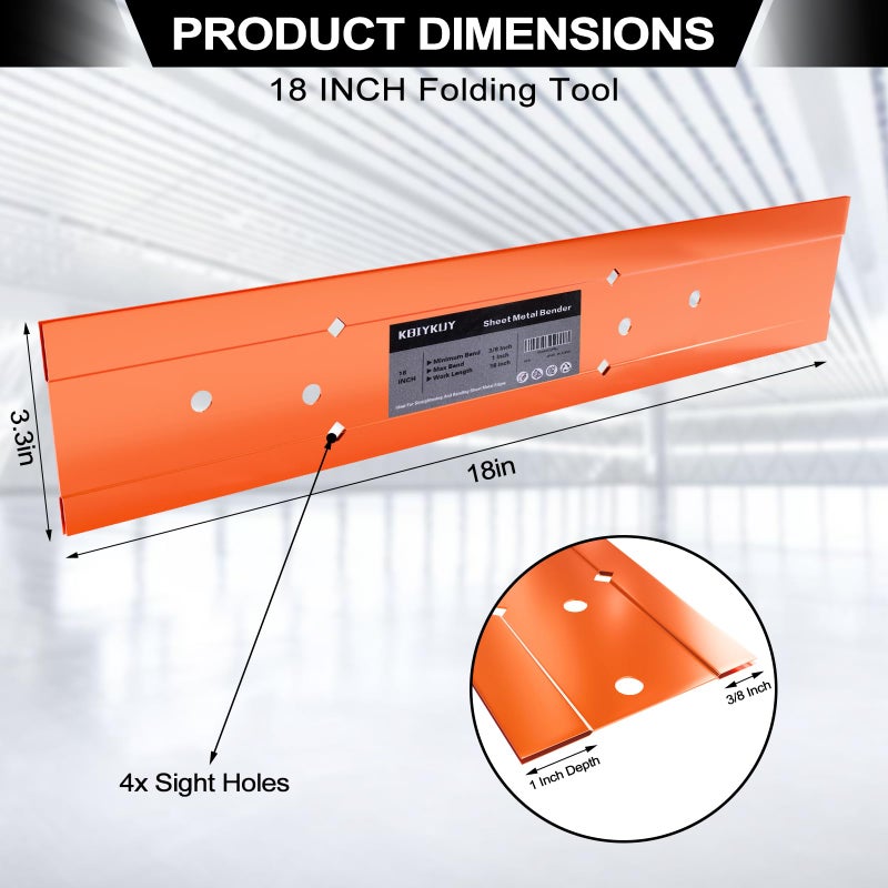 Kbiykuy Sheet Metal Bender Folding Tool, 18 Inch Hand Seamer for HVAC Ductwork, Roofing & Metal Panels, 3/8" & 1" Fold Depth, Heavy Duty Steel Brake with High-Visibility Orange Finish - Image 2