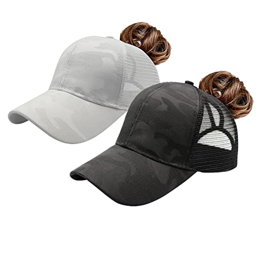 ProMindFun Womens Ponytail High Messy Bun Hats Distressed Baseball Caps Unconstructed Washed Dad Hat Girls Trucker Ponycaps - Image 1