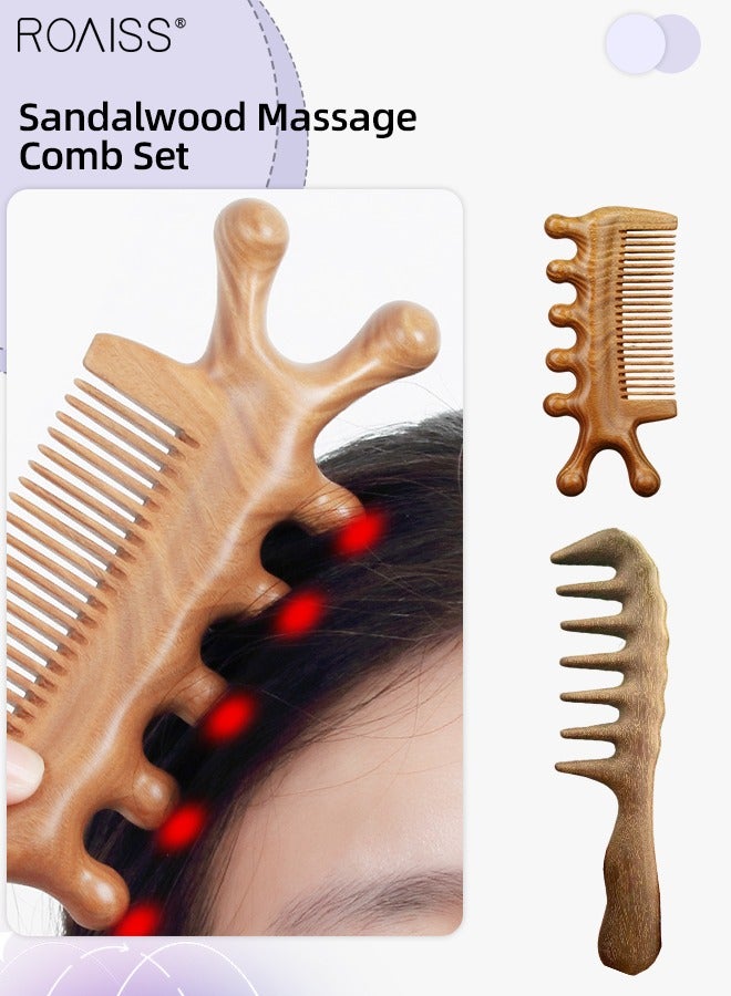 رويس قطعتان من مشط شعر واسع الأسنان من خشب الصندل الأخضر الحريري الذهبي، مجموعة مدلك الرأس المتعدد الاستخدام ومشط تفكيك كبير لفك تشابك الشعر، تدليك فروة الرأس للرجال والنساء - Image 1