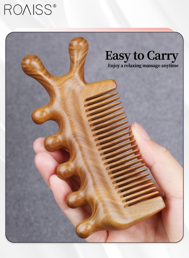 رويس قطعتان من مشط شعر واسع الأسنان من خشب الصندل الأخضر الحريري الذهبي، مجموعة مدلك الرأس المتعدد الاستخدام ومشط تفكيك كبير لفك تشابك الشعر، تدليك فروة الرأس للرجال والنساء - Image 4