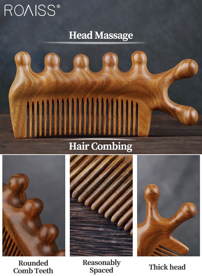 رويس قطعتان من مشط شعر واسع الأسنان من خشب الصندل الأخضر الحريري الذهبي، مجموعة مدلك الرأس المتعدد الاستخدام ومشط تفكيك كبير لفك تشابك الشعر، تدليك فروة الرأس للرجال والنساء - Image 2