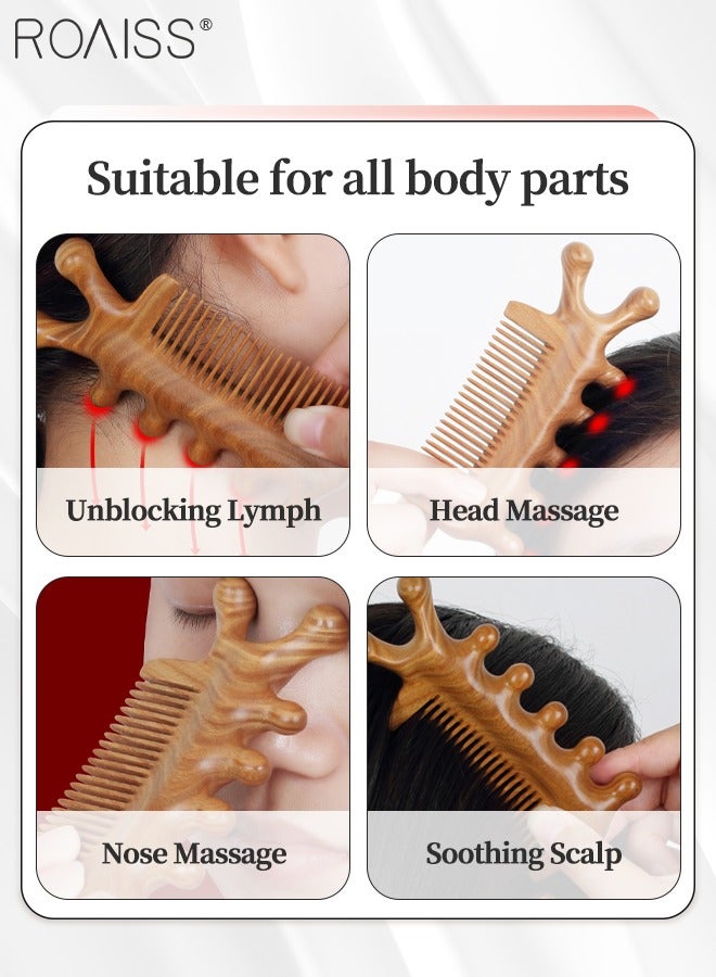 رويس قطعتان من مشط شعر واسع الأسنان من خشب الصندل الأخضر الحريري الذهبي، مجموعة مدلك الرأس المتعدد الاستخدام ومشط تفكيك كبير لفك تشابك الشعر، تدليك فروة الرأس للرجال والنساء - Image 5