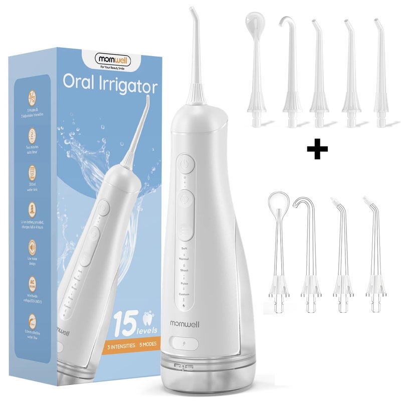 Mornwell Oral Irrigator with 5 Jet Tips , 5 Cleaning Modes of 3 water pressure , 300ml Tank IPX7 Waterproof Water Flosser - Image 1