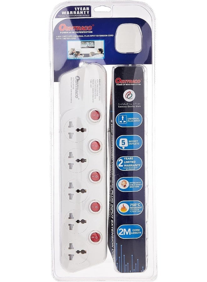 OSHTRACO مقبس تمديد عالمي 5-way من أوشتراكو مع سلك بطول 2 متر - Image 1