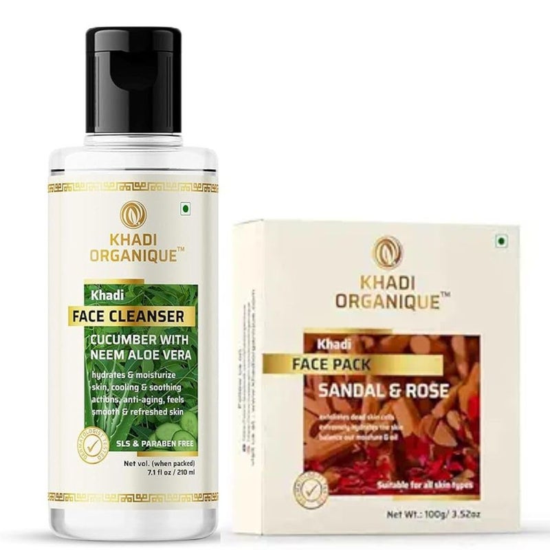 Khadi ORGANIQUE Khadi Organique Combo of Cucumber with Neem Aloe Vera Face Cleanser Sandal Rose Face Pack Hydrating Skincare Set for Glowing Skin - Image 1