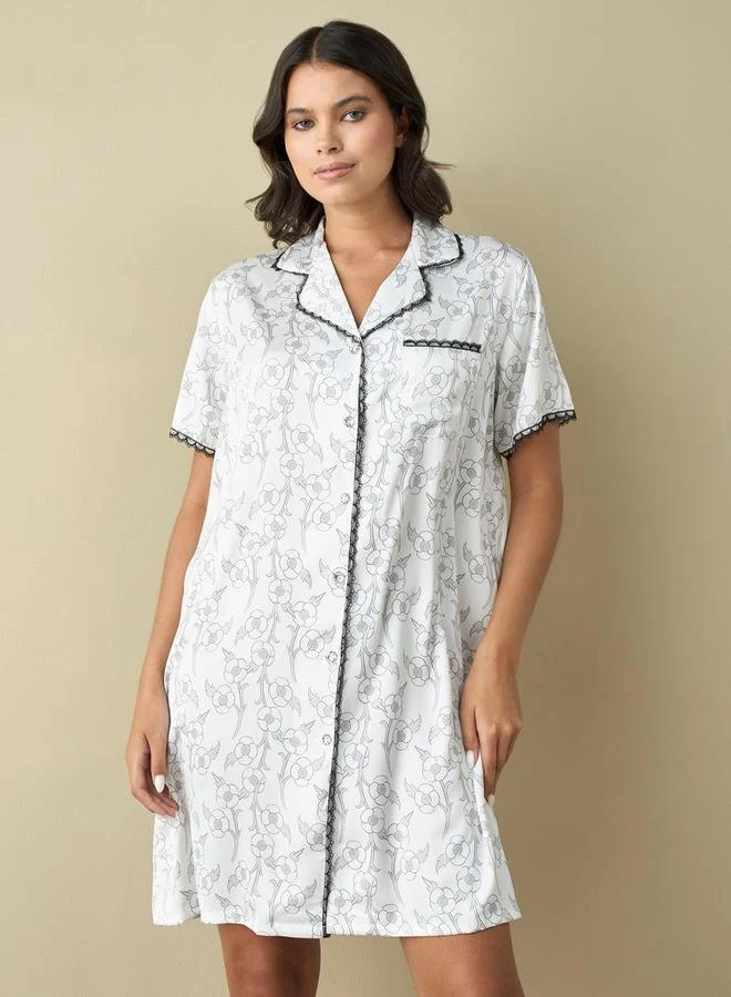 Splash FAV All-Over Floral Print Sleepshirt with Camp Collar and Short Sleeves