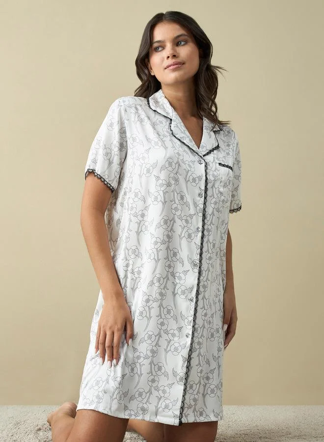 Splash FAV All-Over Floral Print Sleepshirt with Camp Collar and Short Sleeves