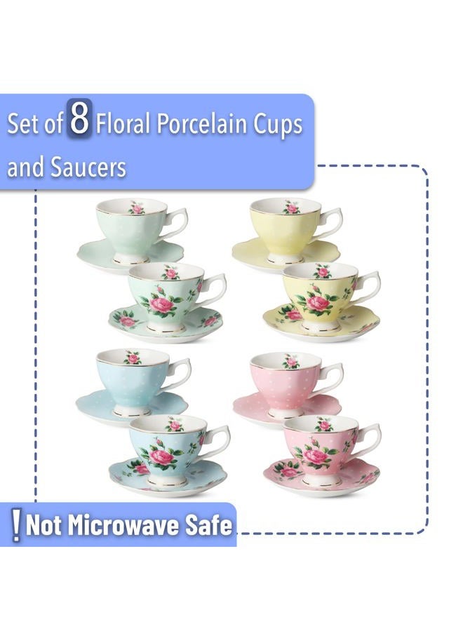 Brew To A Tea BTaT- Floral Cups and Saucers, Set of 8 (8 oz) Multi-Color with Gold Trim and Gift Box, Coffee Cups, Floral Cup Set, British Cups, Porcelain Set, Latte Cups - Image 2