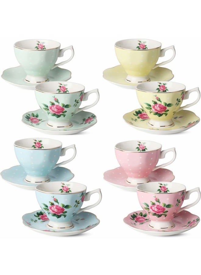 Brew To A Tea BTaT- Floral Cups and Saucers, Set of 8 (8 oz) Multi-Color with Gold Trim and Gift Box, Coffee Cups, Floral Cup Set, British Cups, Porcelain Set, Latte Cups - Image 1