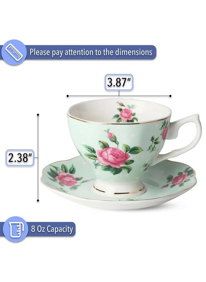 Brew To A Tea BTaT- Floral Cups and Saucers, Set of 8 (8 oz) Multi-Color with Gold Trim and Gift Box, Coffee Cups, Floral Cup Set, British Cups, Porcelain Set, Latte Cups - Image 3