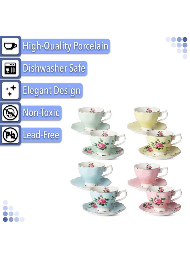 Brew To A Tea BTaT- Floral Cups and Saucers, Set of 8 (8 oz) Multi-Color with Gold Trim and Gift Box, Coffee Cups, Floral Cup Set, British Cups, Porcelain Set, Latte Cups - Image 4