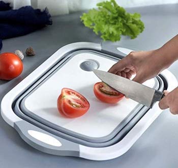 Gion 4 in 1 Multi Functional Adjustable for A Kitchen Fordable Cutting BoardVegetable Fruit Washing DishDraining Basket with PlugFolding Washbasin Plastic Cutting Board White Grey - Image 1