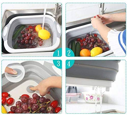 Gion 4 in 1 Multi Functional Adjustable for A Kitchen Fordable Cutting BoardVegetable Fruit Washing DishDraining Basket with PlugFolding Washbasin Plastic Cutting Board White Grey - Image 2