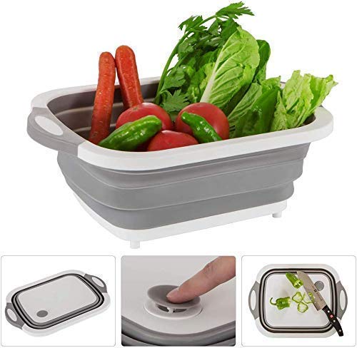 Gion 4 in 1 Multi Functional Adjustable for A Kitchen Fordable Cutting BoardVegetable Fruit Washing DishDraining Basket with PlugFolding Washbasin Plastic Cutting Board White Grey - Image 5