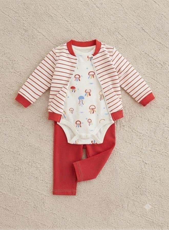 Bumber Baby Boys 3-Piece Outfit Set, Cotton Romper with Red Striped Cardigan and Red Pants, Classic - Image 1