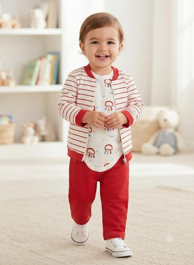 Bumber Baby Boys 3-Piece Outfit Set, Cotton Romper with Red Striped Cardigan and Red Pants, Classic - Image 2