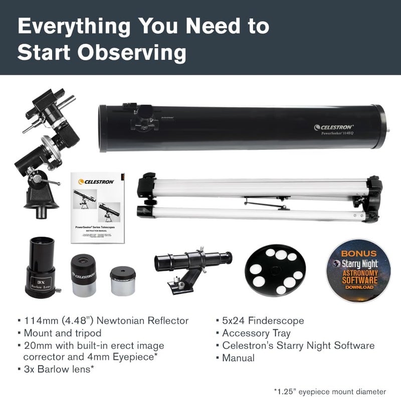 سلسترون تلسكوب من نوع Equatorial من شركة Celestron بموديل Powerseeker 114EQ، باللون الأسود. - Image 3