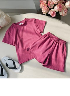 Loquat Kids Solid Color Set Short Sleeve T-shirt And Loose Shorts With Two Pockets Summer Casual Set Rose Pink 