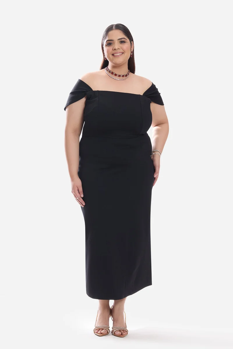 فيرجيو Solid Ponte Off Shoulder Midi Plus Size Dress for Women