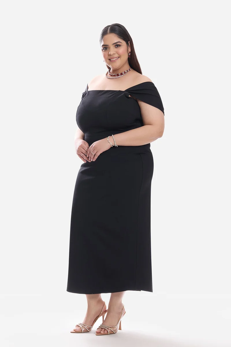 Virgio  Solid Ponte Off Shoulder Midi Plus Size Dress for Women for Women | Best Price UAE
