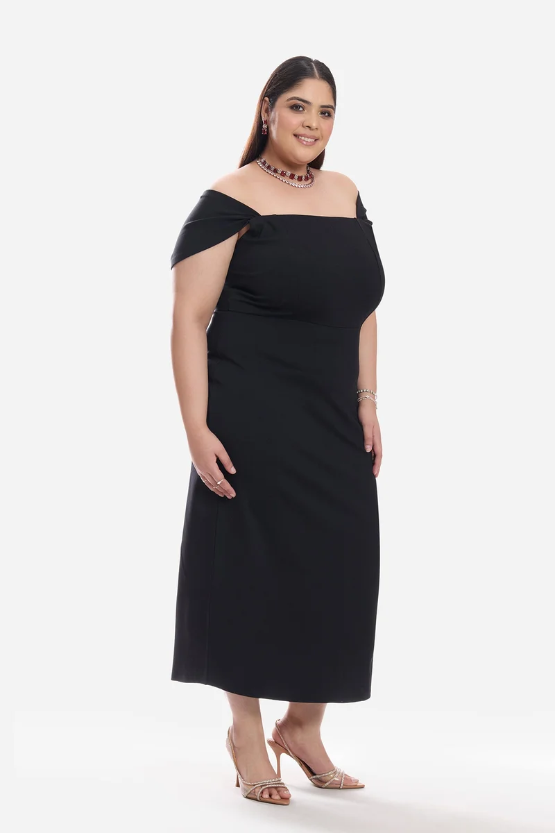 Virgio  Solid Ponte Off Shoulder Midi Plus Size Dress for Women for Women | Best Price UAE