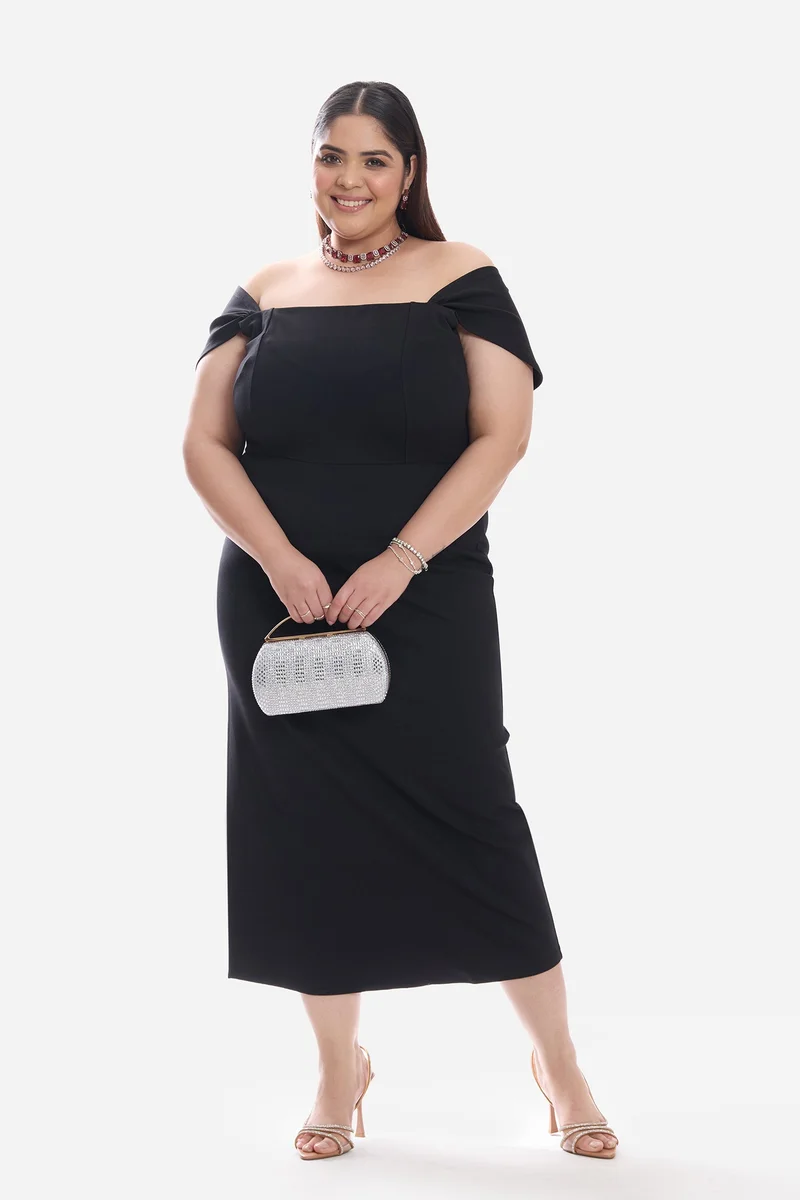 فيرجيو Solid Ponte Off Shoulder Midi Plus Size Dress for Women