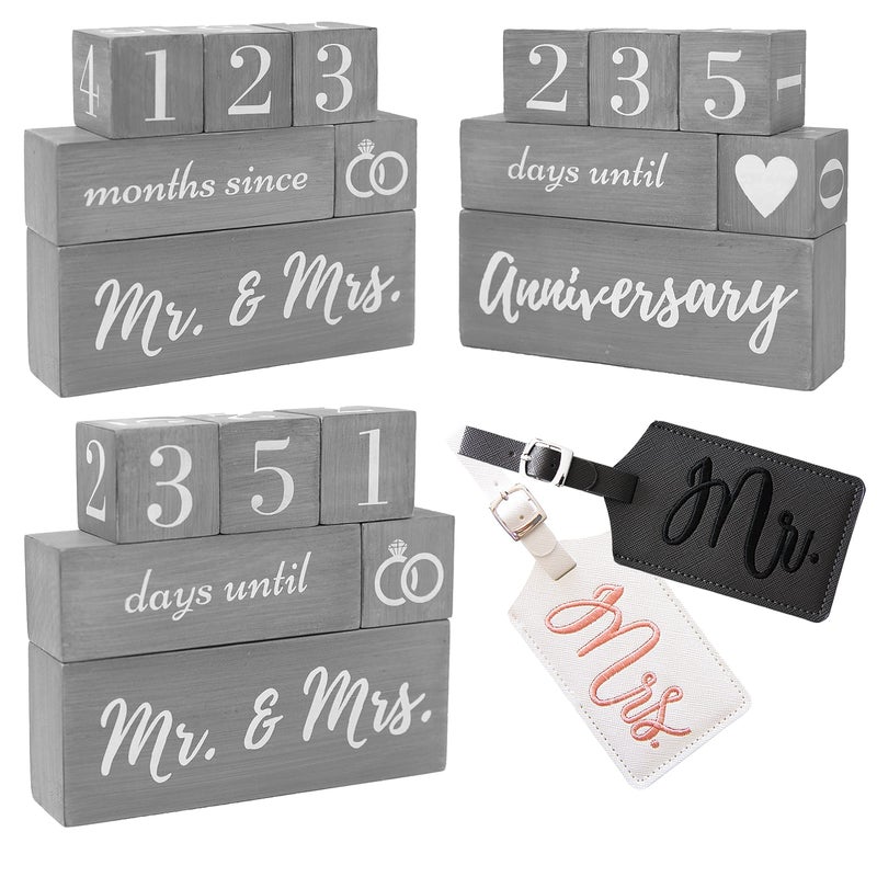 Seven Days Home Wedding Countdown Calendar Block Mr and Mrs Luggage Tags His and Hers  2 Item Gift Set  Reversible Text Block for Marriage Anniversary Engagement Gifts for Couples Bride to Be 