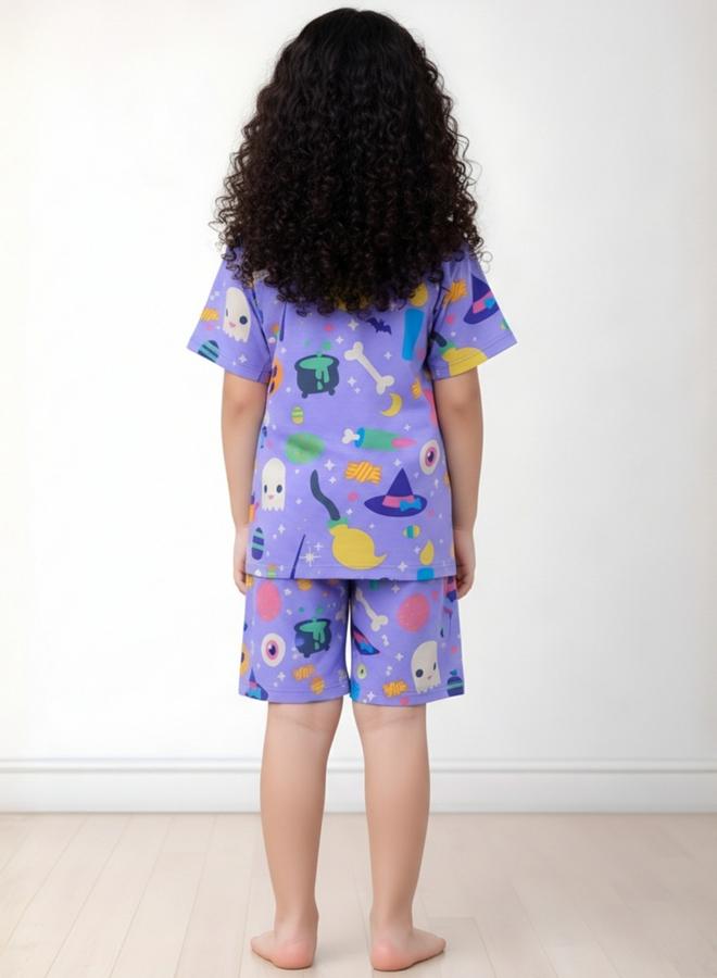 Anthrilo Kids Purple Halloween Print T-Shirt and Short Set - Image 3