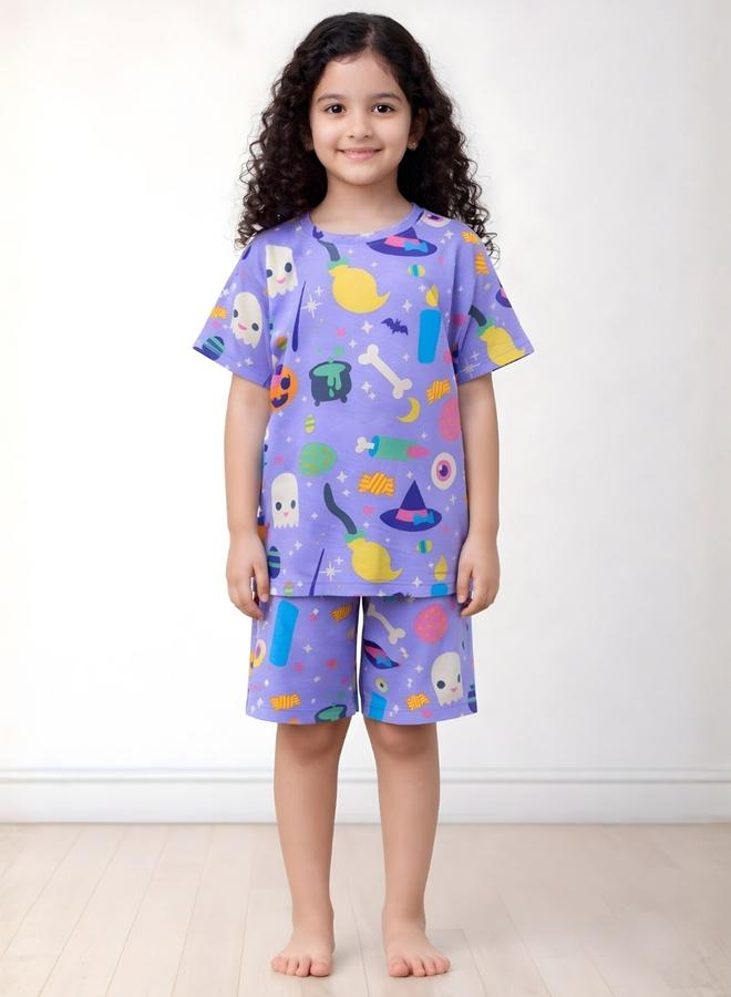 Anthrilo Kids Purple Halloween Print T-Shirt and Short Set - Image 1