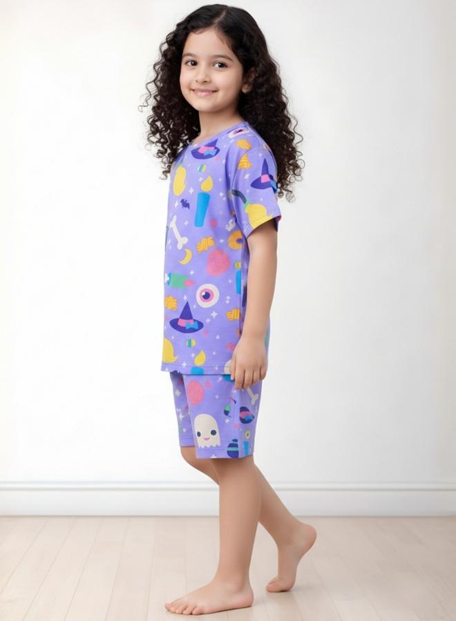 Anthrilo Kids Purple Halloween Print T-Shirt and Short Set - Image 2