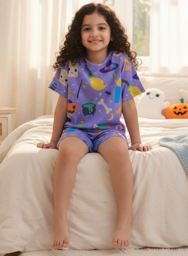 Anthrilo Kids Purple Halloween Print T-Shirt and Short Set - Image 5