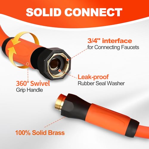 YOTOO Heavy Duty Hybrid Garden Water Hose 5/8-Inch by 100-Feet 150 PSI Kink Resistant, Flexible with Swivel Grip Handle and 3/4" GHT Solid Brass Fittings, Orange - Image 3
