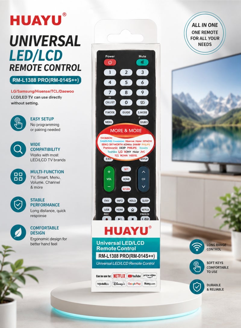 Huayu Universal LED/LCD TV Remote Control RM-L1388 PRO (RM-014S++) | Compatible with LG, Samsung, Hisense, TCL, Daewoo, Sony, Philips & More | No Programming Required | Smart TV Replacement Remote - Image 1